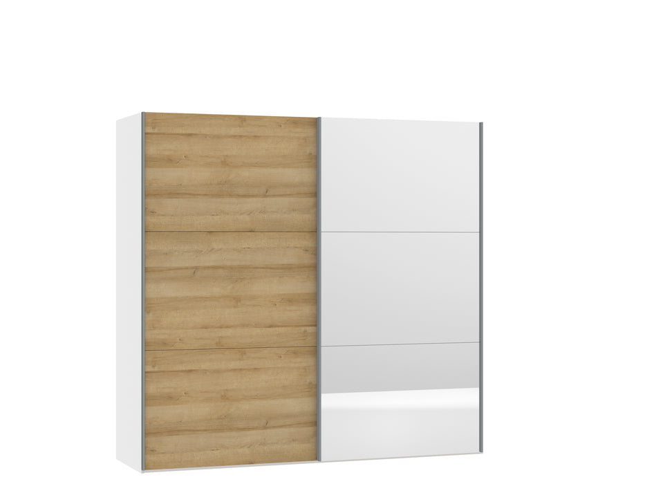 Jutzler Schwebetüreschrank 195 H, Premiumweiss mit Eichenstruktur und Spiegelfront